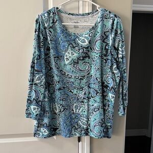 Rafaella Teal and Blue Paisley Scoop Neck Long Sleeve Top